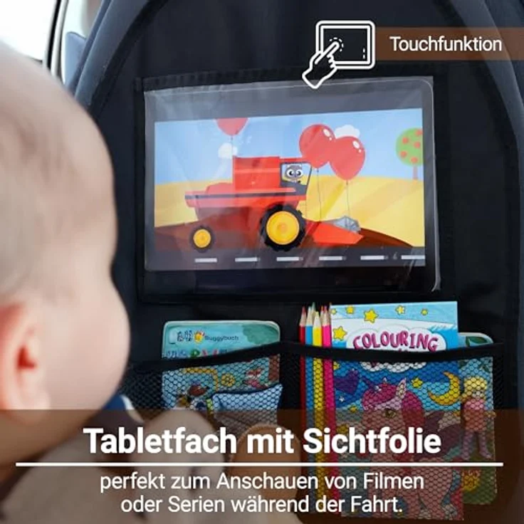 Zamboo Auto Organizer Kinder Rücksitz mit Tabletfach (bis 11") | Universal Rückenlehnenschutz & Aufbewahrung für Spielzeug & Snacks | Schwarz – Bild 5