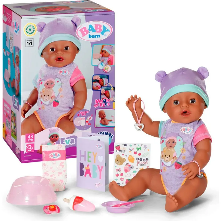 Baby Born Babypuppe Eva, 43 cm (Set, 11-tlg) mit magischem Fütterspiel und interaktiven Funktionen, von Baby Born