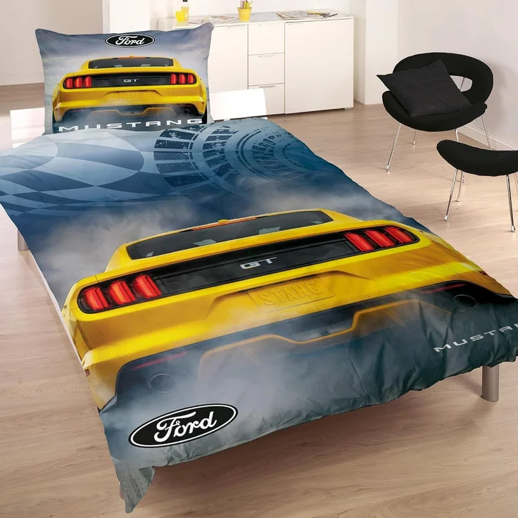 Ford Mustang Bettwäsche Legend Gelb / Blau 135x200 cm + 80x80 cm Stang Pony-US-Muscle-Car 100% Baumwolle in Renforcé-Linon-Qualität Shelby GT 2 Motive Wendebettwäsche Reißverschluss 008 – Bild 3