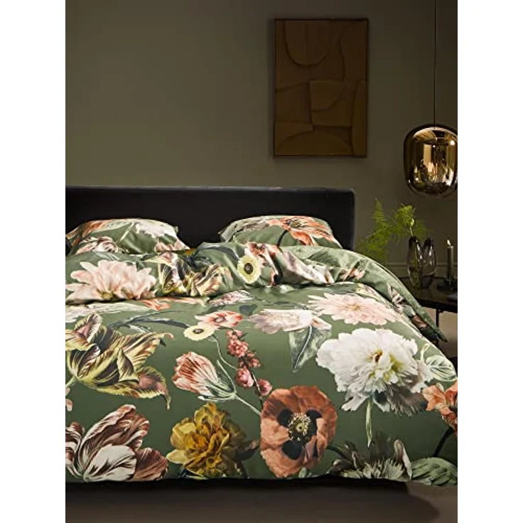 ESSENZA Bettwäsche Filou Forest Green Satin Blumen Blüten Dahlien Tulpen Floral Geblümt Sterne Waldgrün Grün, Größe:135 cm x 200 cm – Bild 2