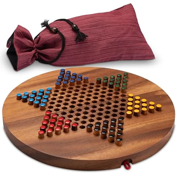 Logoplay Halma Gr. XL - Gesellschaftsspiel für 2-6 Spieler, handgefertigtes Holzbrett Ø 31 cm, inklusive 6x15 Spielstecker und Stoffbeutel aus 100% Baumwolle – Bild 1