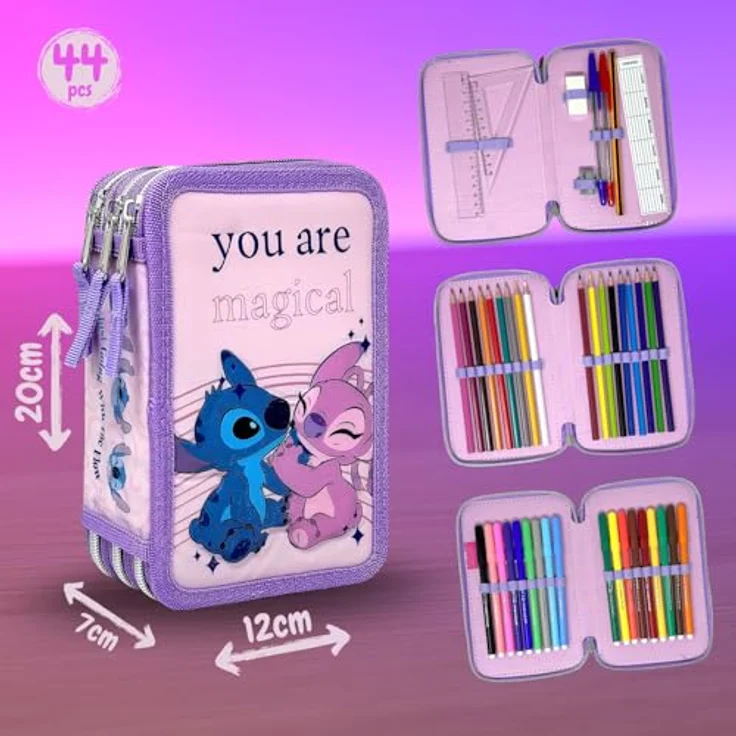 Clondo 3D Mädchen Federmäppchen 3-Fach, 44-teilig gefüllt mit Filzstiften, Buntstiften und Lineal, Lila – Schulmäppchen für Stitch und Angel Fans – Bild 2