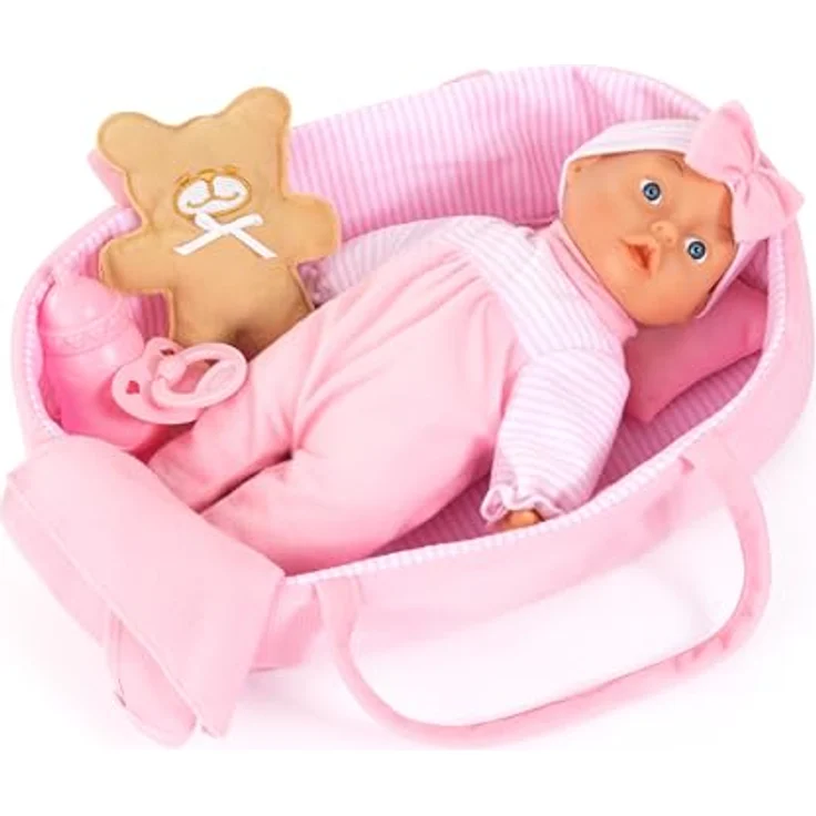 Bayer Babypuppe Cozy 28cm, Weichkörperpuppe mit Zubehör, 6-teilig, inklusive Trage, Decke, Kissen, Teddy, Schnuller und Flasche – Bild 2