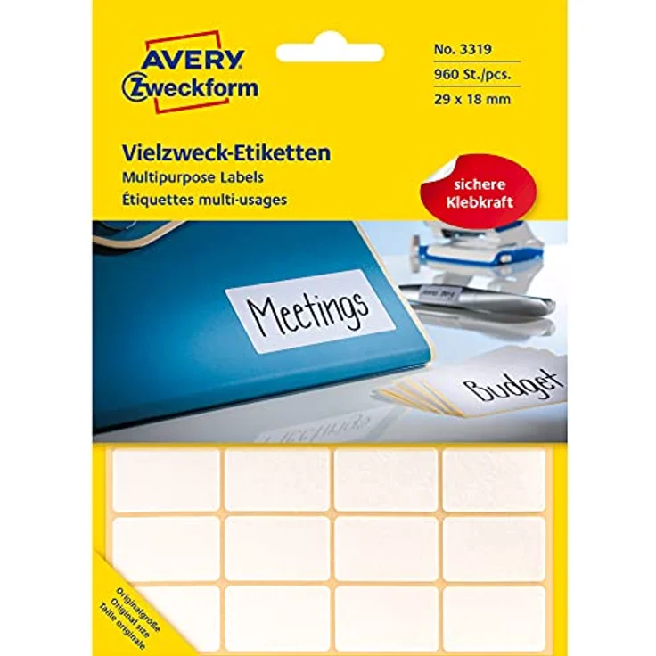 Avery Zweckform 3319 Haushaltsetiketten selbstklebend (29x18mm, 960 Aufkleber auf 30 Bogen, Vielzweck-Etiketten für Haushalt, Schule und Büro zum Beschriften und Kennzeichnen) blanko, weiß – Bild 1