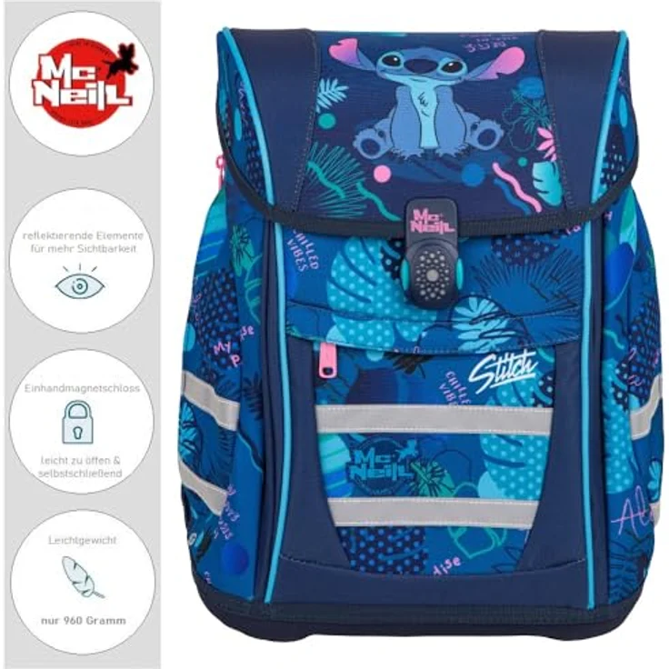 Familando McNeill Mädchen Schulranzen 1. Klasse Disney Lilo & Stitch ergonomischer Tornister 6-teilig (blau violett rosa gemustert) – Bild 2