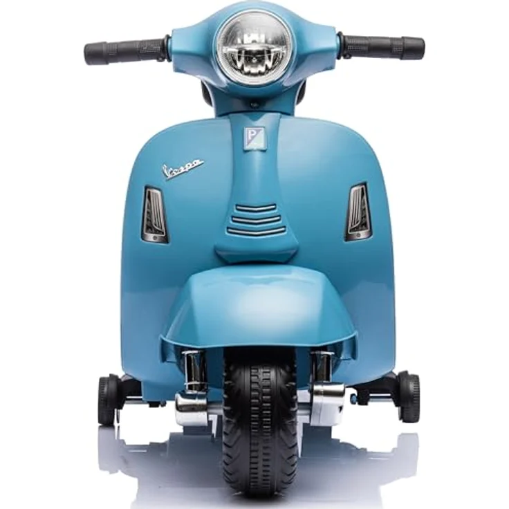 Sun Baby Vespa Elektro Motorrad für Kinder ab 18 Monaten, Blau mit Rückenlehne, Hupe, Gaspedal, Beleuchtung, Seitenrädern – Bild 2