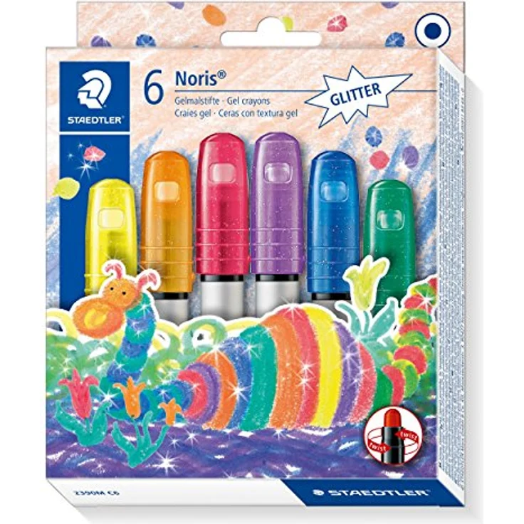 STAEDTLER Noris Club 2390M C6 Gelmalstifte, 6 Stück im Set, Glitter-Farben, perfekt für kleine Kinderhände, superweich und farbintensiv, auch ideal für `Fensterglas – Bild 1