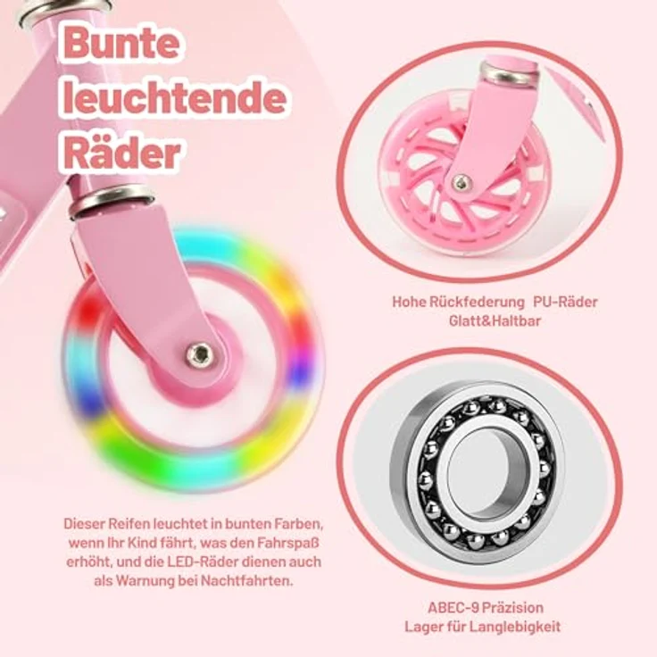 TENBOOM Kinder Scooter, Klappbar und höhenverstellbar, mit 2 LED leuchtenden Rädern, Tretroller für 3-10 Jahre, Aluminiumrahmen, hintere Bremse – Bild 5