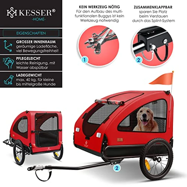 KESSER® Hundeanhänger Boxer 2-in-1 Hundebuggy Fahrradanhänger groß ca. 250L Volumen - Inkl. Fahne und Tasche - 600D Oxford Canvas, Klappbar SmartSpace Concept, maximale Belastbarkeit: 45kg Rot / Schwarz - Preisvergleich – Bild 3