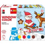 Marabu Sticker MARABU KiDS Window Color Set 6tlg., Weihnachtsset für Kinder ab 3 Jahren, transparent-leuchtende Farben (Gelb, Kirschrot, Mittelbraun, Weiß, Konturen-Schwarz, Azurblau)