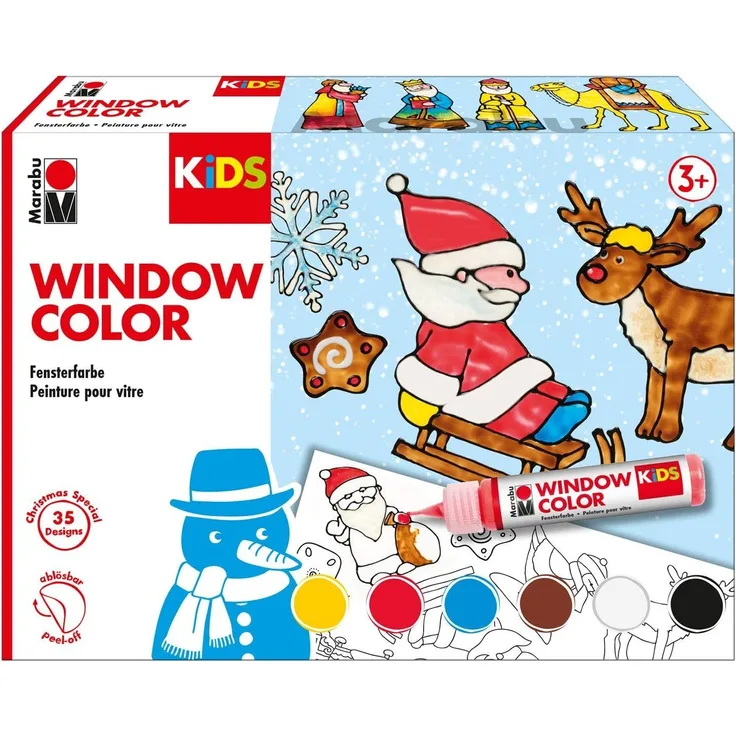 Marabu Sticker MARABU KiDS Window Color Set 6tlg., Weihnachtsset für Kinder ab 3 Jahren, transparent-leuchtende Farben (Gelb, Kirschrot, Mittelbraun, Weiß, Konturen-Schwarz, Azurblau)