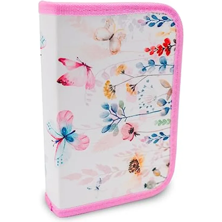itenga Schüler-Etui Mäppchen Schmetterling, 28-teilig, gefüllt mit Buntstiften und Zubehör, wasserfestes Polyester, 1-Zipper