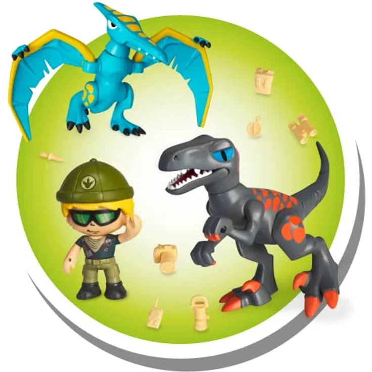 Merkloos Action Heroes Spielfiguren-Set, Dino-Abenteuer mit Velociraptor, Pterodactylus und Entdecker-Figur, 12 cm Höhe – Bild 6