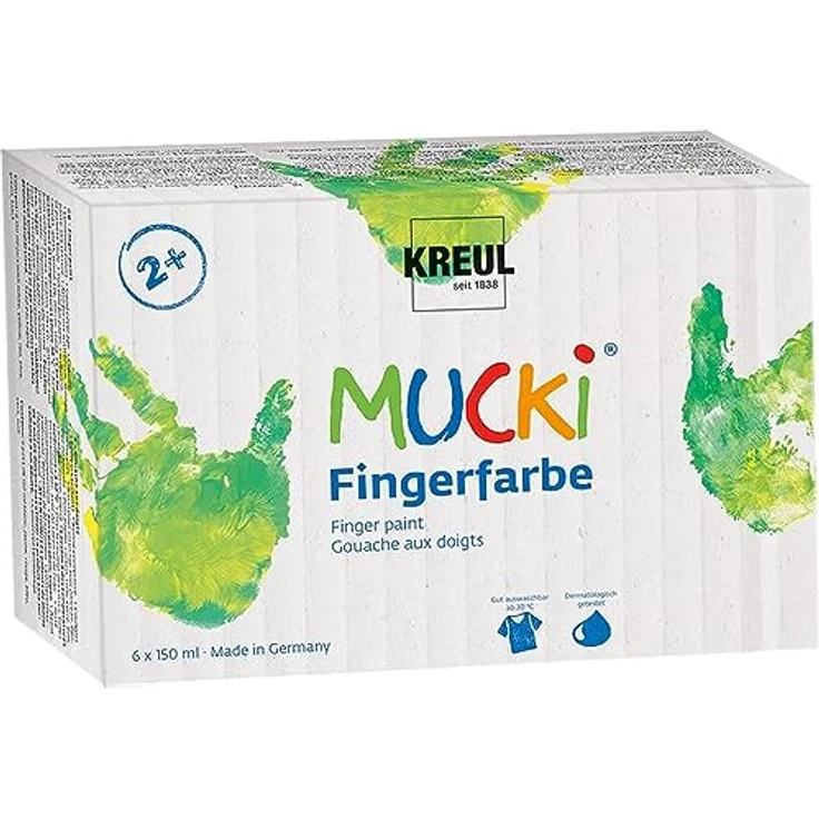 KREUL MUCKI Fingerfarben, 6 x 150 ml, farbsortiert in blau, gelb, grün, rot, schwarz, weiß, dermatologisch getestet, vegan und auswaschbar – Bild 1