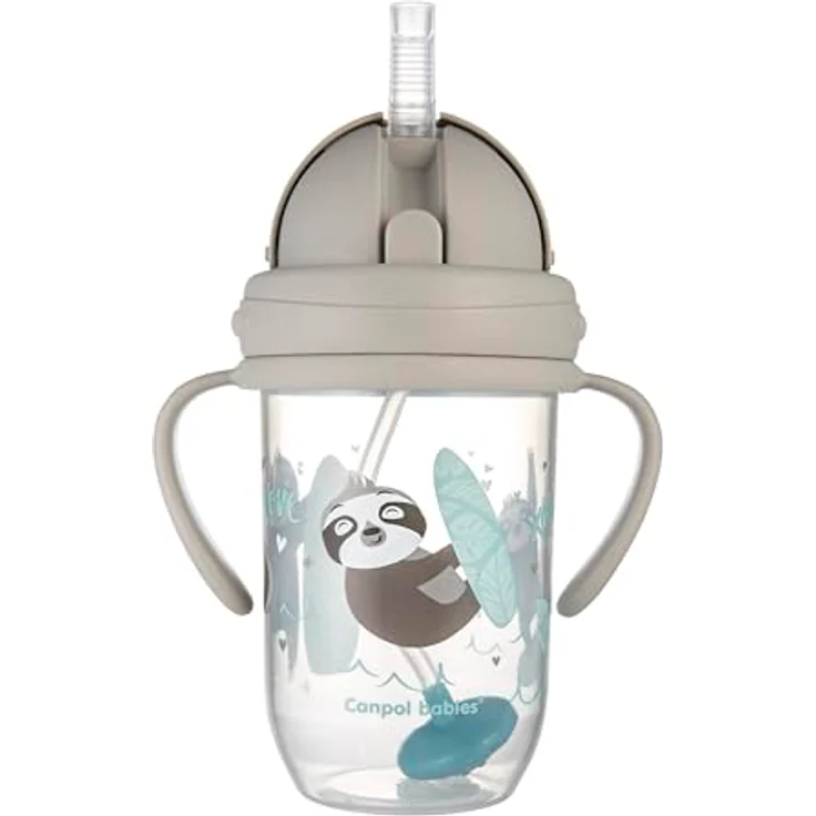 Canpol babies 56/606 Auslaufsicherer Becher mit beschwertem Strohhalm, 270 ml, 6+m, exotische Tiere, Grau – Bild 1
