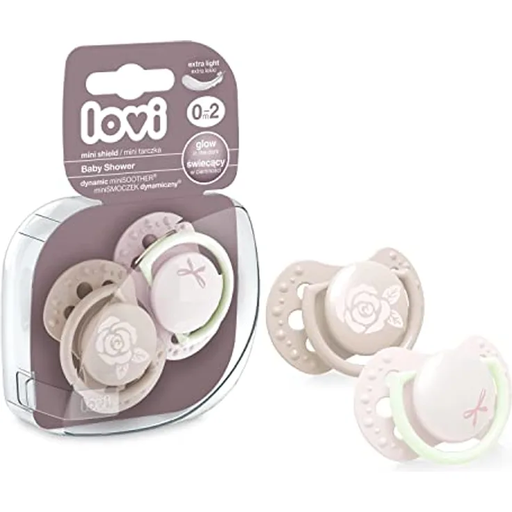 LOVI Schnuller, 0-2 Montate, Silikon, BPA-frei, Hygieneschutzhülle, Baby Shower Girl Kollektion, 2 Stück, Rosa