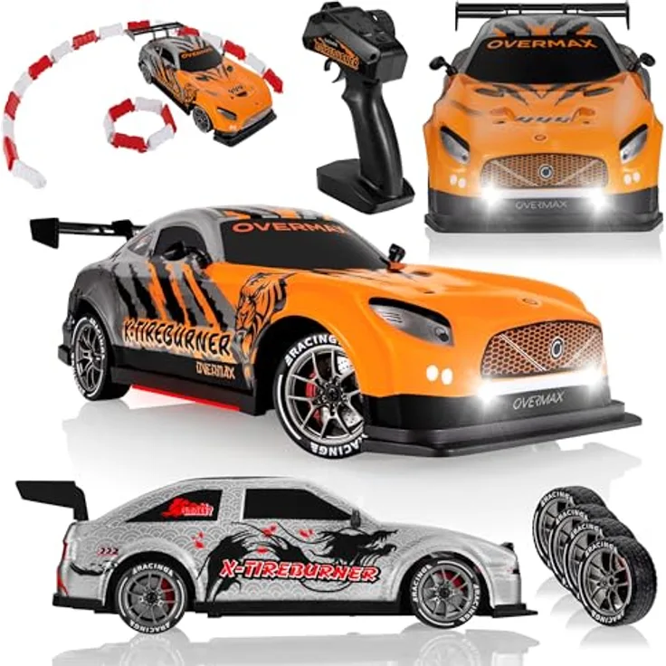 Overmax X-TIREBURNER RC-Auto, Drift-/Rennwagen mit 20 km/h, 2 Akkus, 2 Karosserien, LED-Beleuchtung, Plug’n’Play, Hindernisparcours-Set