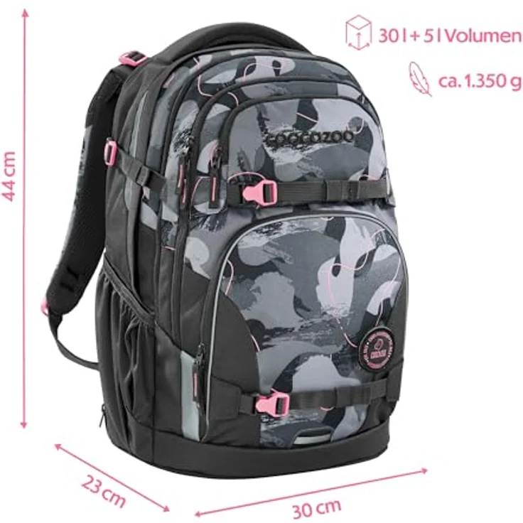 Coocazoo Schulrucksack Porter „Bubble Brush”, grau-rosa, ergonomisch & anpassbar, 30L erweiterbar, mit Brustgurt & Hüftgurt, ab 3. Klasse – Bild 2