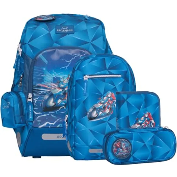 Beckmann Schulranzen Active Air FLX, 6-teiliges Schoolbag Set mit flexiblem Volumen von 20-25L, ergonomischem Design und reflektierenden Flächen, Blue Lightning blau