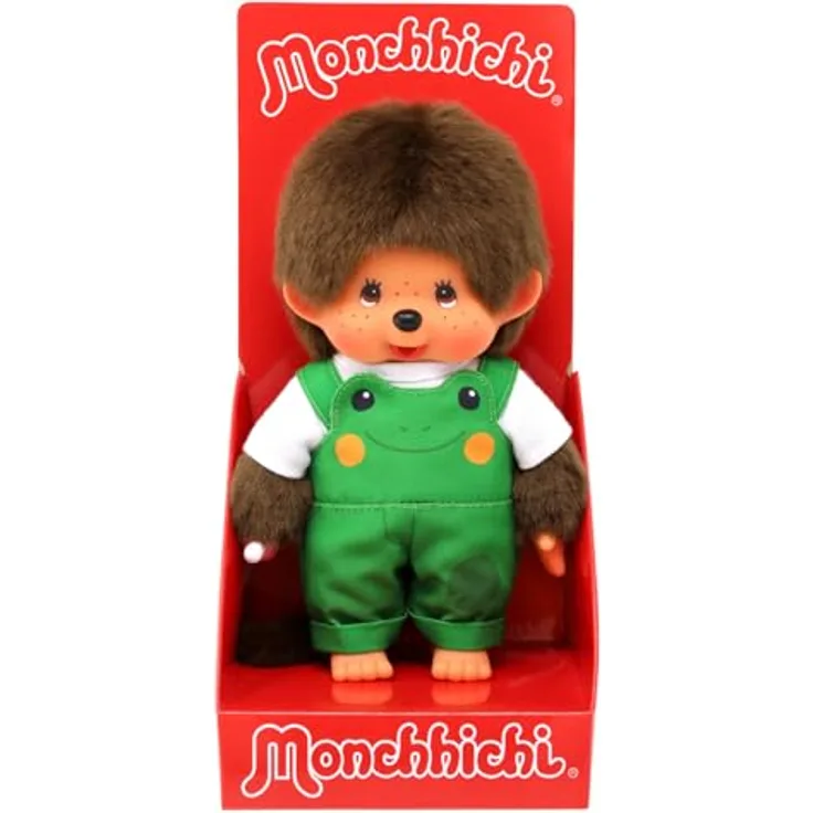 Monchhichi Junge mit Frosch Latzhose, 20 cm Plüschfigur in Braun mit Nuckel und T-Shirt