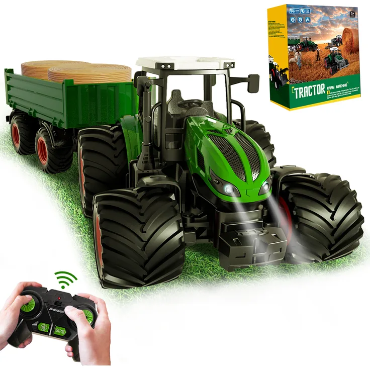 ESUN Ferngesteuerter Traktor mit Anhänger, Traktor Spielzeug ab 3 4 5 6 Jahre, Ackerschlepper mit Licht und Sound, rot