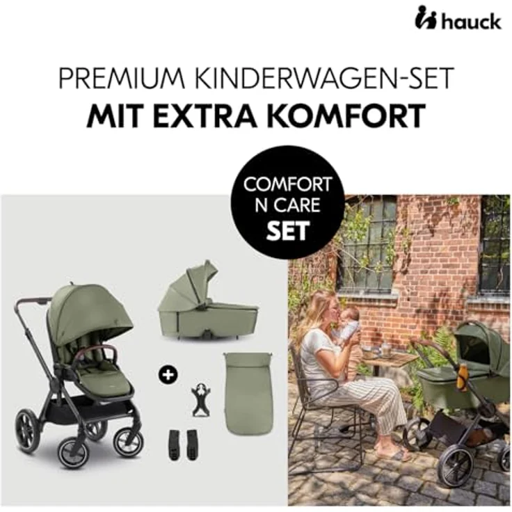 Hauck Kombi-Kinderwagen Comfort N Care Set, 2 in 1 mit Babywanne, Sportsitz, Beindecke und Getränkehalter, Olive, inkl. Gratis Mobilitätsgarantie – Bild 2
