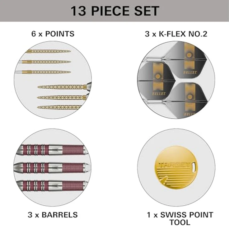Target Darts Stephen Bunting 95K Dart-Set, 95% Wolfram, 18 g, Swiss Point-Steelpoints und K-Flex-Flights, Goldfarbene DX-Ersatzpoints – Bild 5