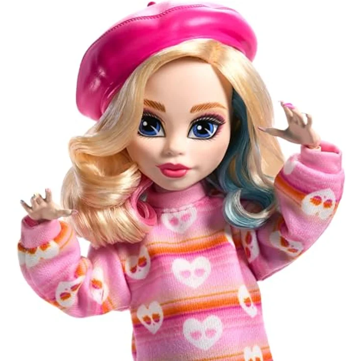 Mattel® Anziehpuppe Monster High x Wednesday Enid Doll, quirlige Mitbewohnerin mit gestreiftem Rollkragenpullover und gekräuselten Beinstulpen, pink – Bild 3