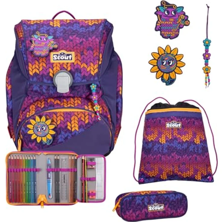 Scout Alpha Superflash Fantasy, Ergonomischer Schulranzen mit 20 Litern Volumen und extragroßen Reflektorflächen, 4-tlg. Set – Bild 1