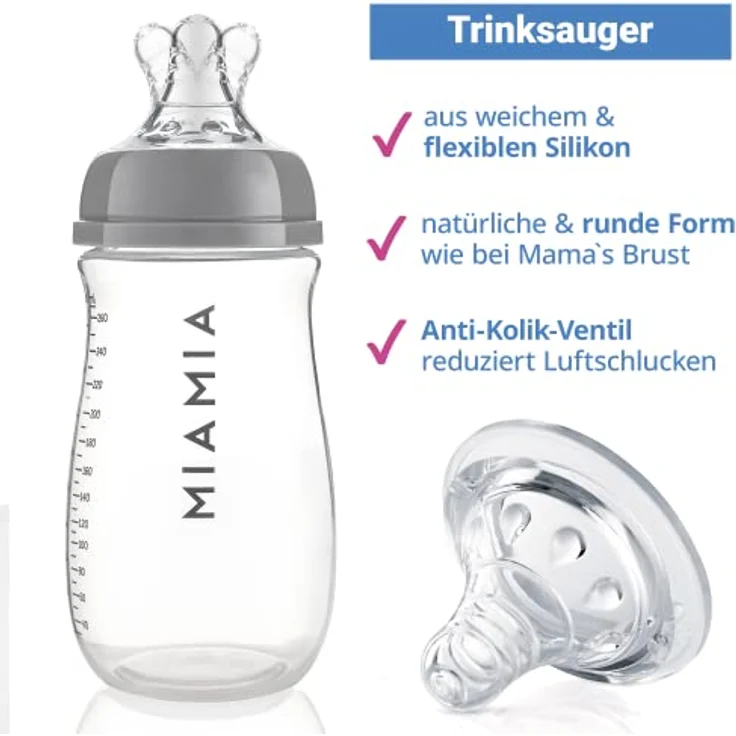 MiaMia 2x Babyflasche 260ml mit Anti Kolik Sauger Größe S - 2 große PP Flaschen mit Silikonsaugern - Transparent Grau – Bild 2