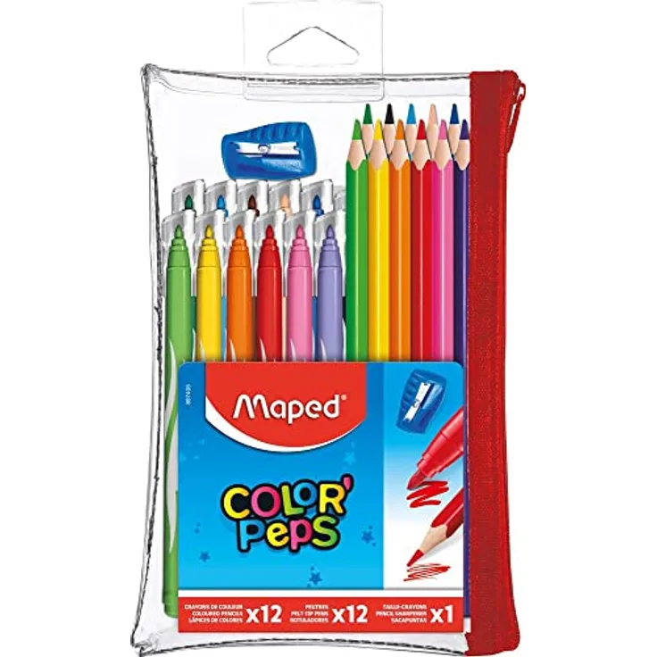 Maped - Federmäppchen, gefüllt, transparent, Color'Peps – 12 Buntstifte + 12 waschbare und trocknende Filzstifte + 1 Spitzer – wiederverwendbare Tasche mit Reißverschluss