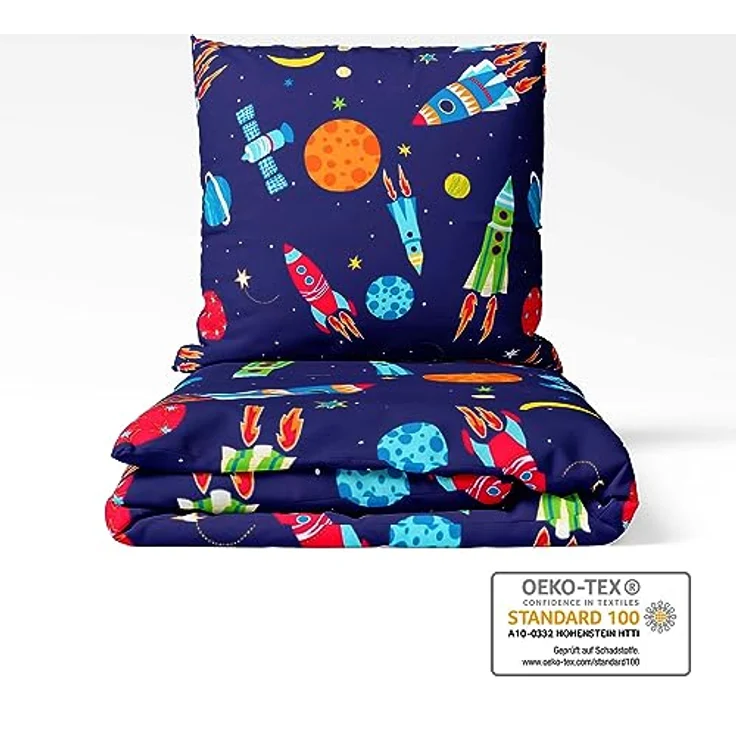 LINKHOFF Bettwäsche Rakete 135x200 für Kinder - Weltall Astronauten Kinderbettwäsche Jungen Weltraum & Planeten Motive - Renforce Baumwolle - Kissen + Bettbezug – Bild 5