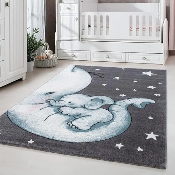 Carpetsale24 Kinderteppich Elefantenfreunde Blau, 200x290 cm, XXL Spielteppich mit weicher Oberfläche und OEKO-TEX Zertifizierung – Bild 1