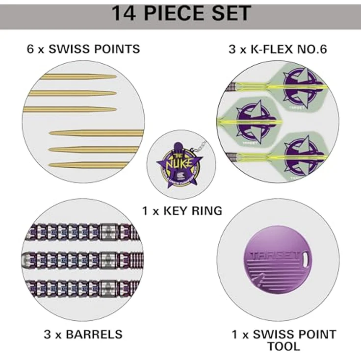 Target Darts Luke Littler World Champion Steeldarts, 90% Tungsten Dart-Set, 23G | The Nuke 2025 K-Flex, Gelb mit lila Grafik, inklusive Schlüsselring und Swiss Tool – Bild 5