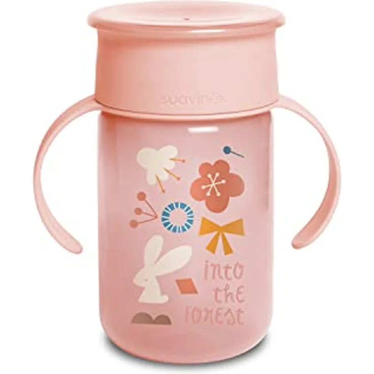 Suavinex 401196 Baby Training Cup mit Griffen und Anti-Tropf-System, 12 Monate, Forest Farbe Rosa - 340 ml - 121 g, Kindertrinkbecher - Lernbecher für die ersten Versuche beim Trinken - Spülmaschinengeeignet – Bild 1