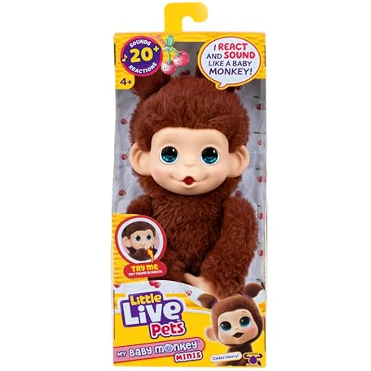 Little Live Pets Baby Monkey Minis Chikki Cherry, interaktiver Plüschaffe mit über 20 Geräuschen, 18,8 cm, weiches braunes Fell, griffige Hände & Füße, sammle alle 3