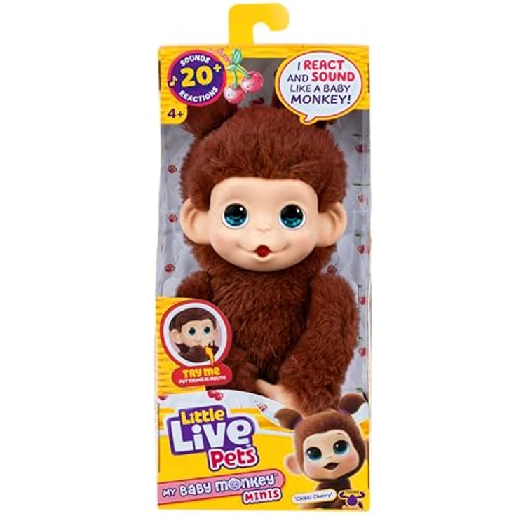 Little Live Pets Baby Monkey Minis Chikki Cherry, interaktiver Plüschaffe mit über 20 Geräuschen, 18,8 cm, weiches braunes Fell, griffige Hände & Füße, sammle alle 3 – Bild 1