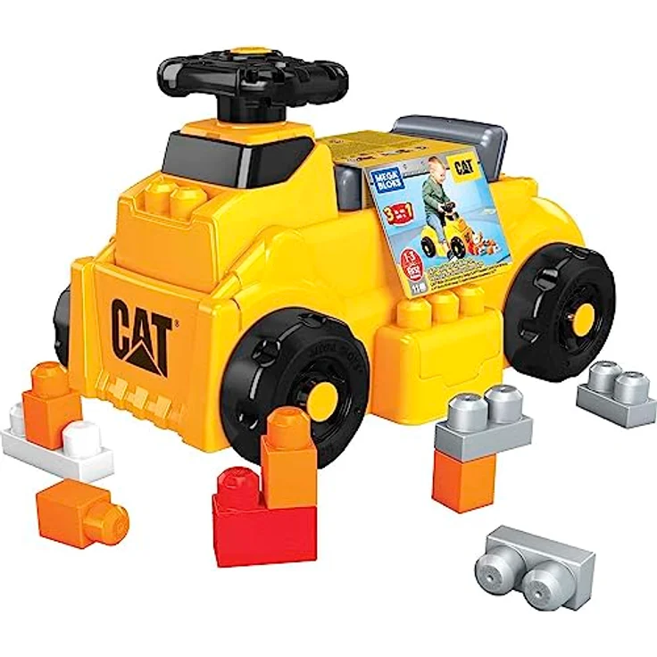 MEGA HDJ29 - Mega Bloks CAT Rutschfahrzeug, Bauspielzeug für Kleinkinder, 10 große Bauklötze, 1 Aufsitzfahrzeug mit freidrehendem Lenkrad & 4 Bauflächen, Konstruktionsspielzeug für Kinder ab 1 Jahr – Bild 1