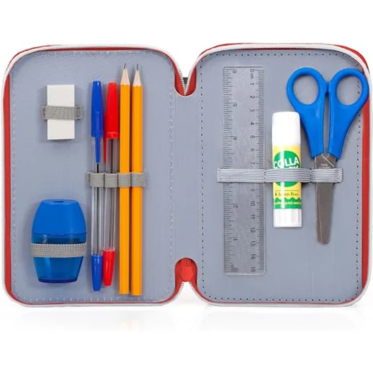 Clondo 3-Fach Federmäppchen für Jungen, Avengers Fan Edition – 45-teilig, komplett gefüllt mit Schere, Kleber, Buntstiften 3.0 – Blau – ideal für Schule & als Geschenk – Iron Man, Captain America, Hulk – Bild 2