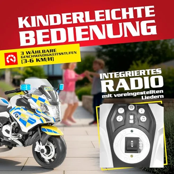 HECHT Kinder Motorrad | BMW R1200RT Polizei | bis 6km/h | 35W | mit Stützräder | Koffer | Radio | Blaulicht | Sirene | 12V Akku, 7 Ah – Bild 6