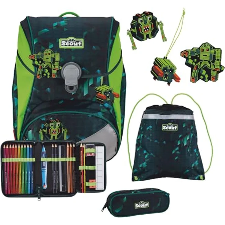Scout Schulranzen Alpha DIN, 4-teiliges Set mit ergonomischem Tragegurtsystem, Grün-Schwarz, 20 Liter Volumen – Bild 1
