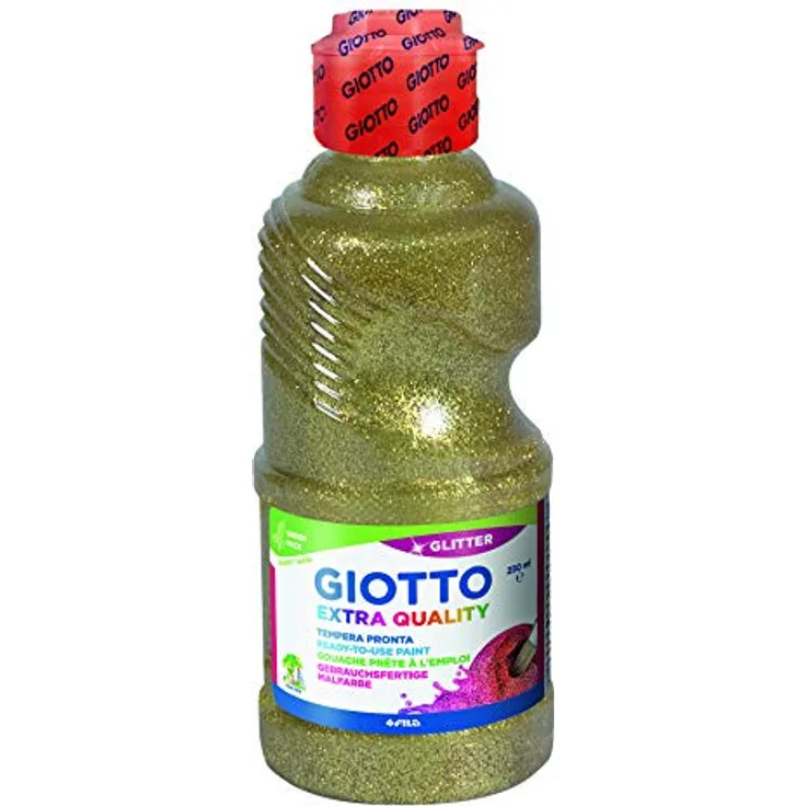 Giotto Extra Quality, Malfertige GLITTER Temperafarbe, 250 ml, gold, auf Wasserbasis, hochpigmentiert, ergonomische Flasche mit Dosierer