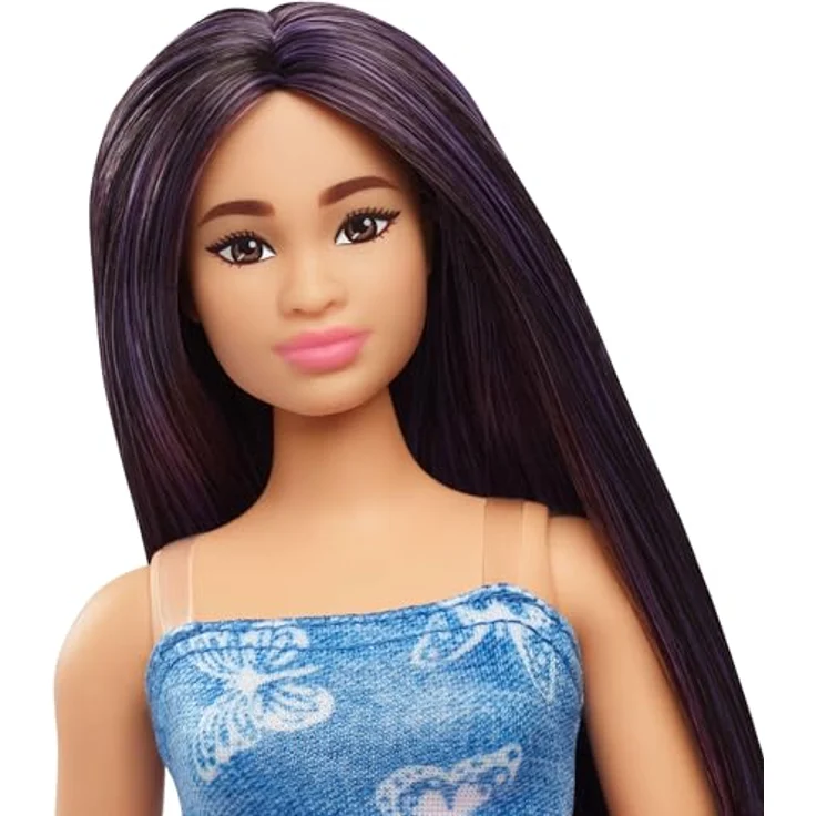 Barbie Anziehpuppe Fashionistas, Nr. 231 mit Denim-Schmetterlingskleid und violettem Haar – Bild 3