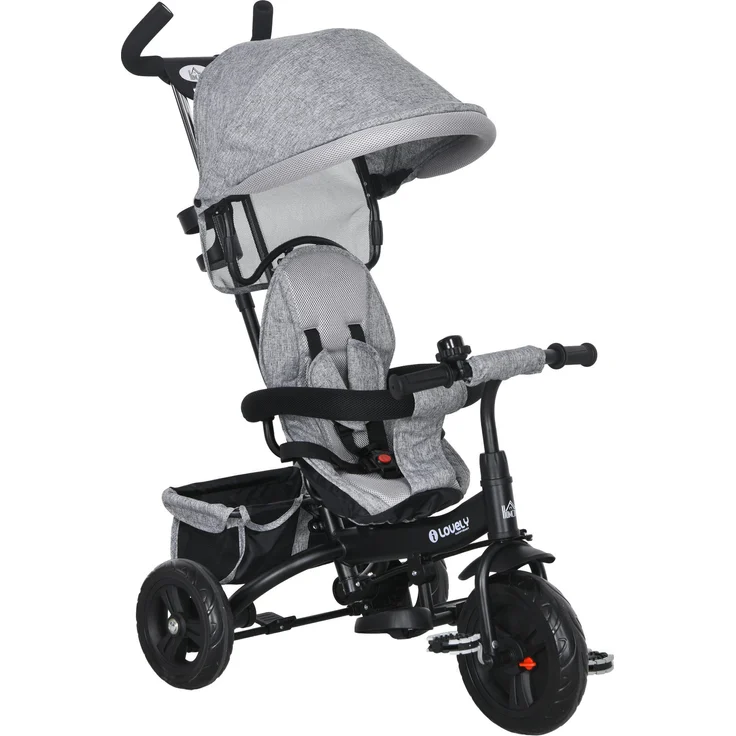 HOMCOM Dreirad 6-in-1 Kinderdreirad mit Schiebestange, Dach, Gurt, Ablagekorb, für 12-60 Monate, Grau – Bild 1