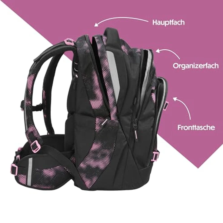 Coocazoo Mate Schulrucksack „Pink Illusion”, ergonomischer Tornister, schwarz-pink, höhenverstellbar, mit Brust- und Hüftgurt, 30 Liter, ab der 3. Klasse – Bild 3