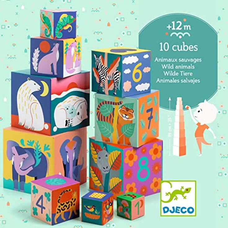 DJECO Stapelspielzeug Stapelturm Wilde Tiere, 10 Würfel aus stabilem Karton, Lernspiel für Kinder ab 12 Monaten, 13 x 13 x 13 cm – Bild 2
