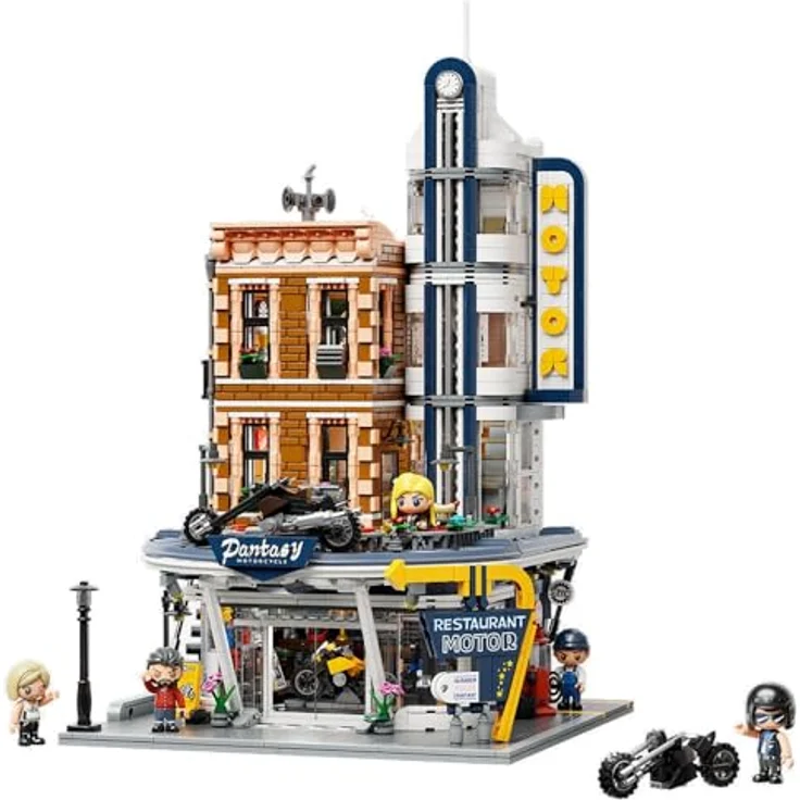 Pantasy Original Bauset Motorcycle Restaurant, modulares Klemmbaustein-Bauset mit 2994 Teilen, inklusive 5 Minifiguren und Dachterrassen-Bar – Bild 1
