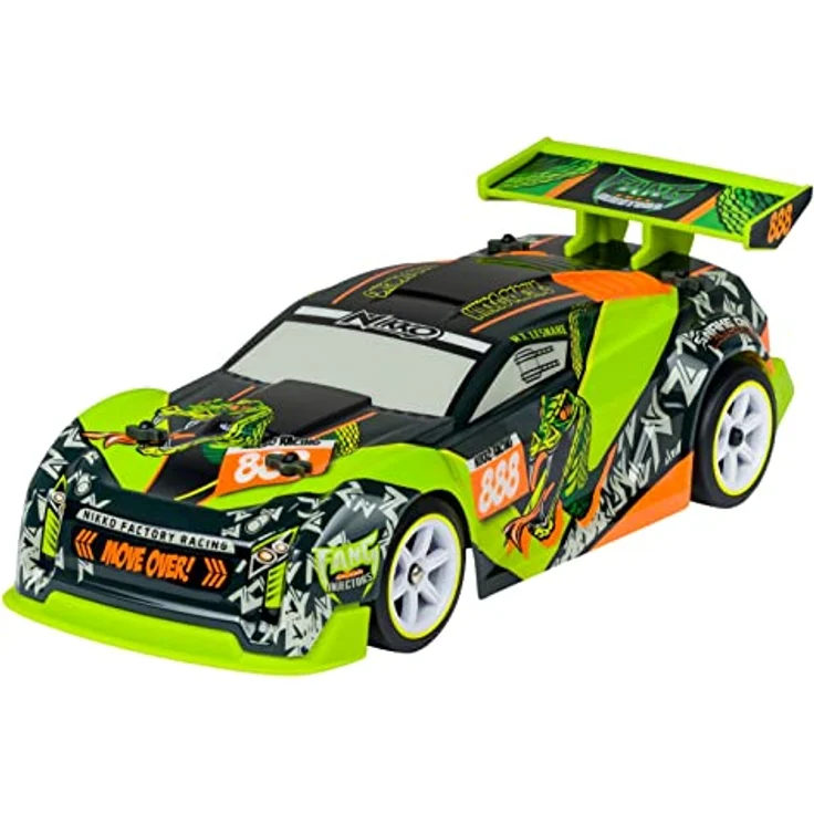 Nikko Fang Racing #888, ferngesteuertes Rennauto bis 14 Km/h mit 2,4 GHz Fernbedienung, coolem Heckspoiler, Grün/Grau, 28 cm – Bild 2