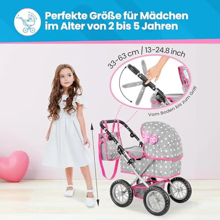 Kinderplay Puppenwagen ab 2 Jahre, Puppenbuggy ab 2 Jahre - Leichte und Stabile Konstruktion, Höhenverstellbar von 33 bis 63 cm, Spielzeug ab 2 Jahre Mädchen, KP0261S – Bild 4