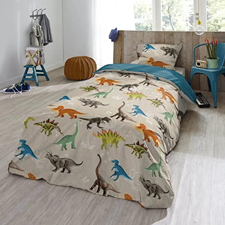 ESPiCO Bettwäsche Trendy Bedding Dinosaurier Ross Dino Saurier Urzeit Fleischfresser T-Rex Brachiosaurus Renforcé, 2-teiliges Set, 100% Baumwolle, Kinderbettwäsche, beigefarben – Bild 5